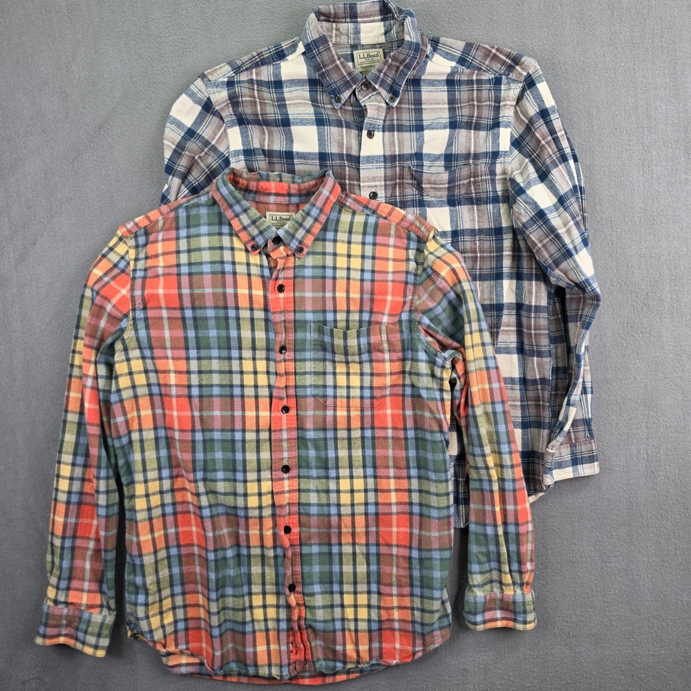 LL Bean Flannel Shirt Lot Of 2 Plaid Multi Color Large Cotton Button Outdoors